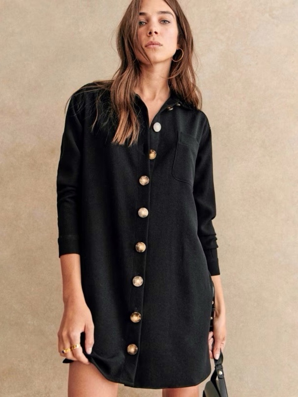 Sezane Sadie Dress Black Size 4 US 36 FR Button Front Mini‎ Shirt Dress